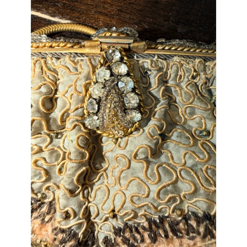 Vintage Gold Soutache Beaded Floral Evening Bag Rhinestone Clasp Snake Chain